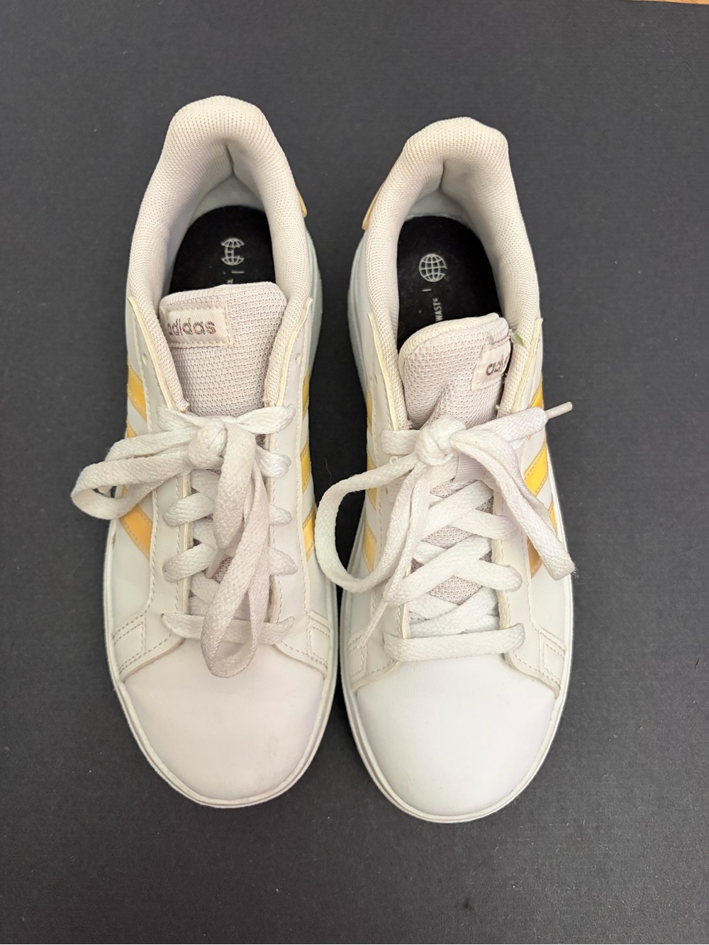 adidas White Sneakers with Iridescent Yellow Accent Stripes - Picture 4 of 7